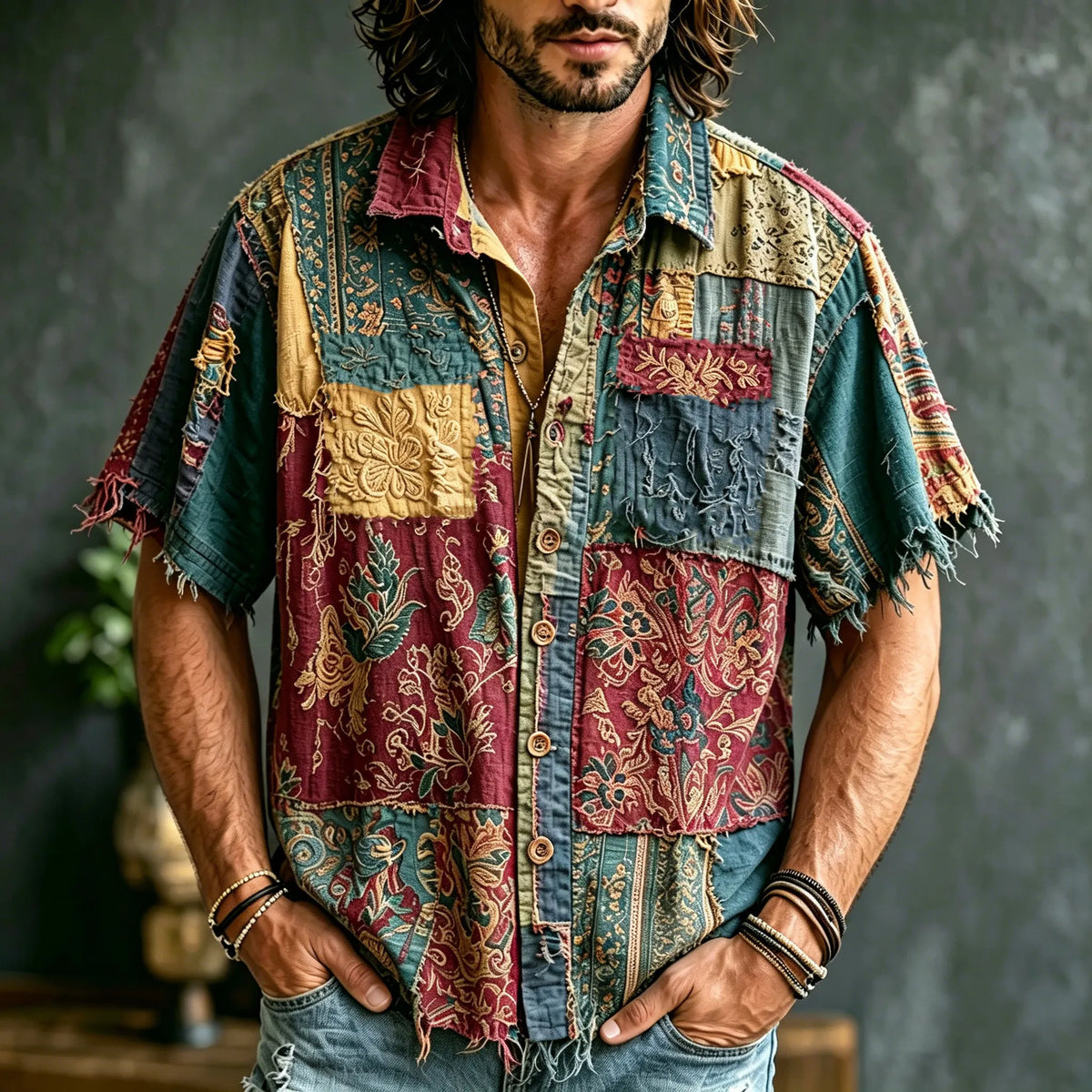 Men's Retro Hippie Style Patchwork Short-sleeve Shirt