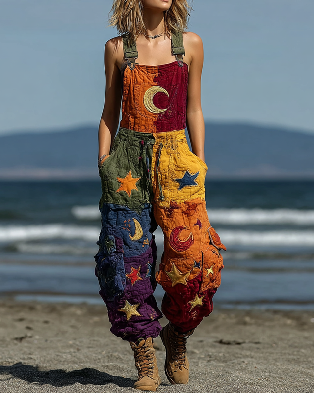 Women's Summer Star and Moon Theme Embroidered Contrast Color Patchwork Overalls 5646