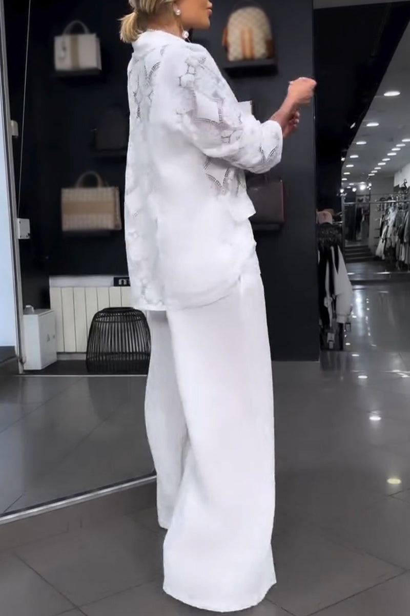 Women Collar Patchwork Pattern Hollowed Out Jacket+ Wide Leg Pants Elegant Casual Set