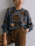 Blue Floral Oversized Knit Sweater