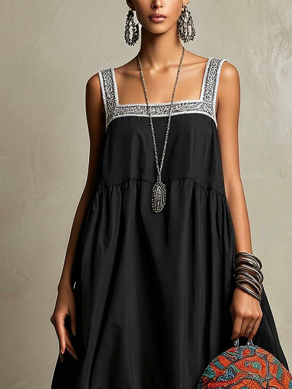 Black Sleeveless Maxi Dress With Silver Crochet Trim And Balloon Hem