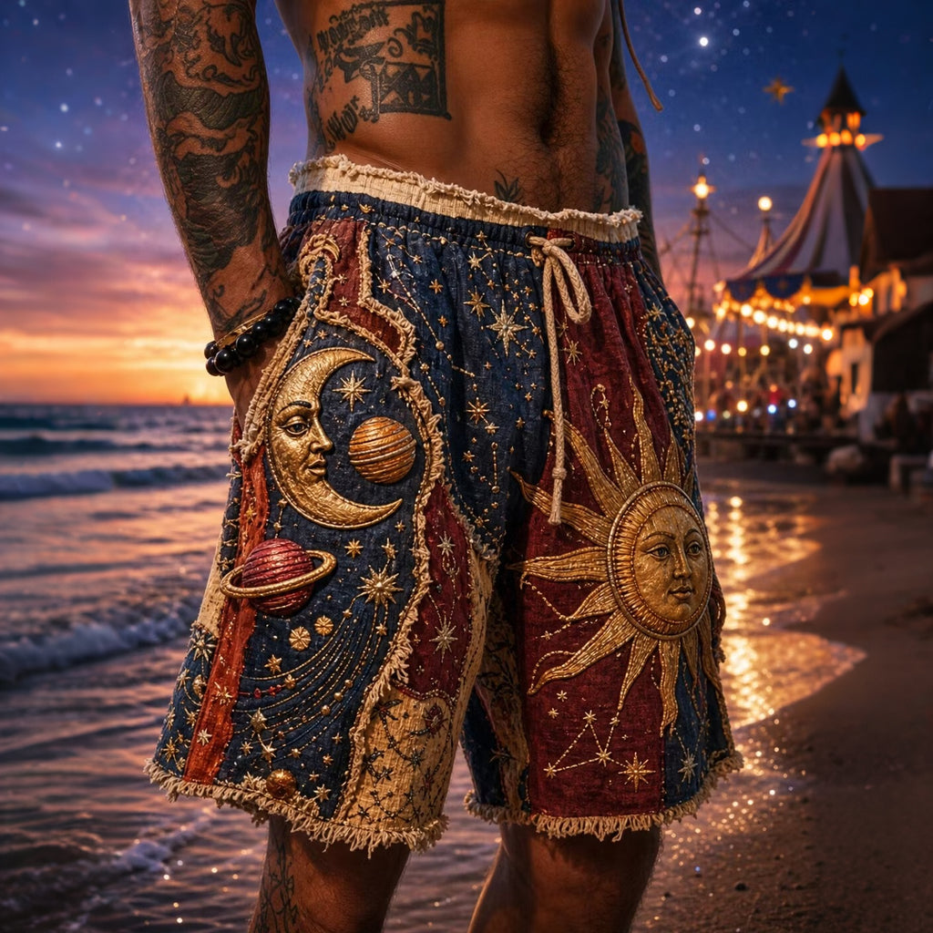 Men's Mysterious Space Sun Moon And Planets Print Casual Shorts