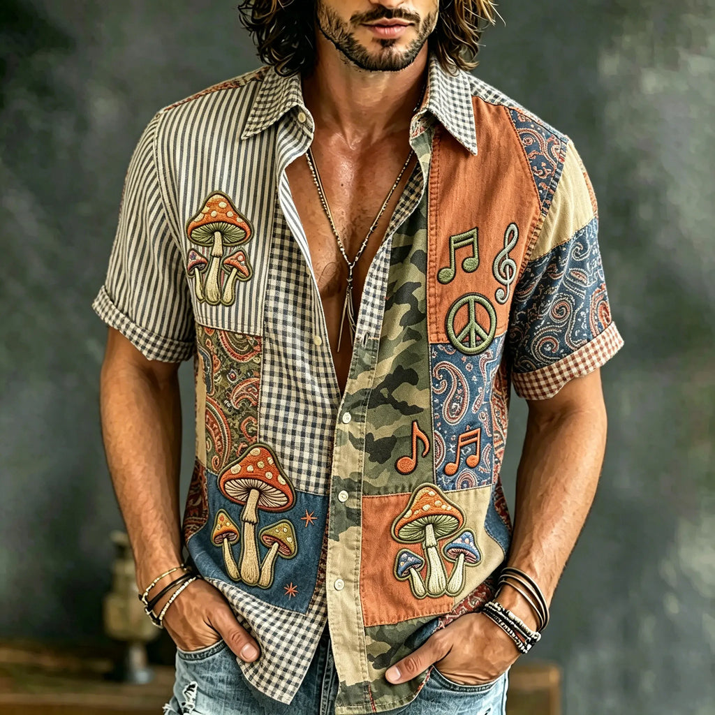 Men's Hippie Patchwork Art Lapel Short Sleeve Shirt