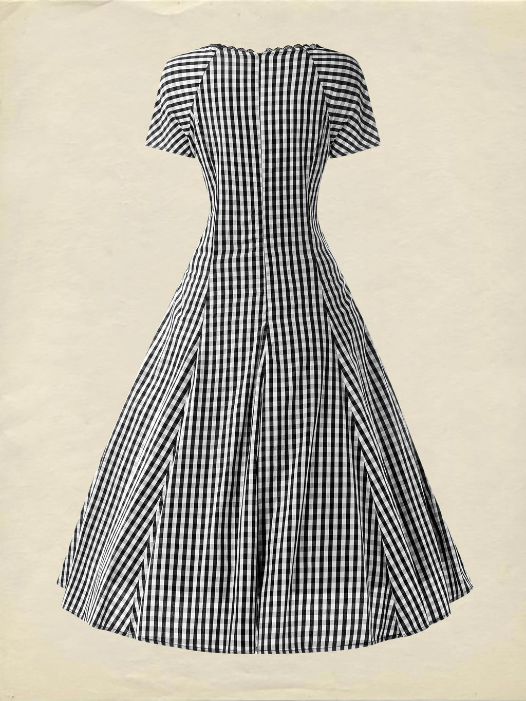 Cotton Midi Dress, Short Sleeve, Lace Collar, Plaid, Vintage, White