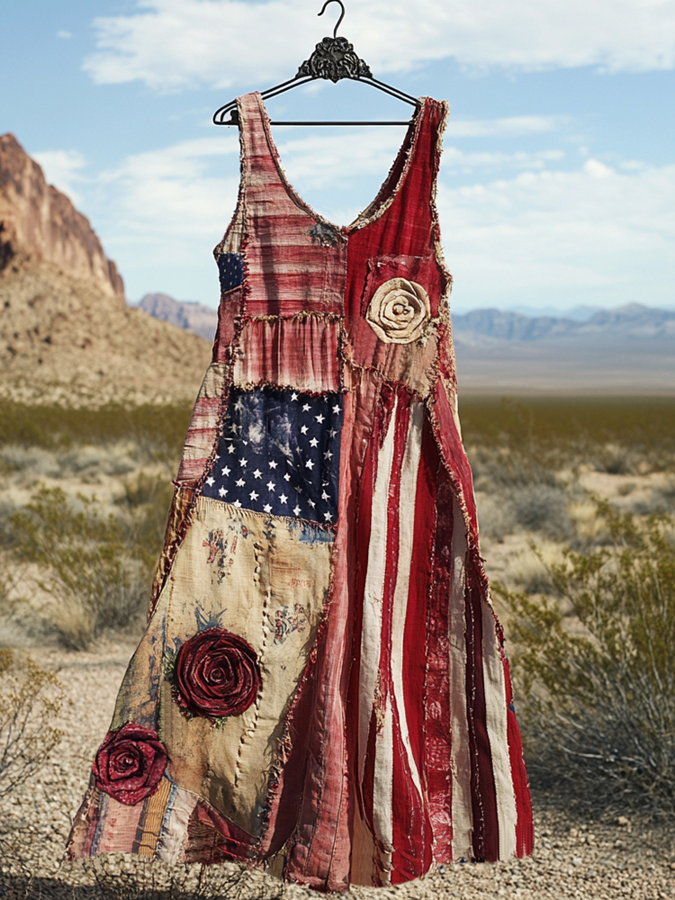 Women's Vintage Independence Day Rose Art Linen Linen Tank Dress