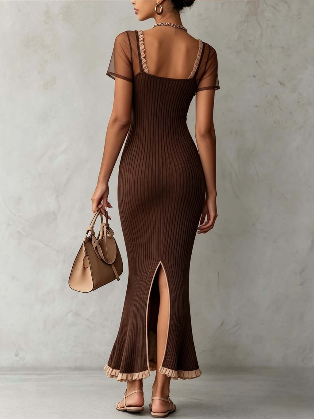 Coffee Brown Ribbed Knit Bodycon Dress With Sheer Mesh Sleeves