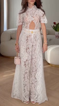 White Floral Lace High Neck Cutout Co-Ord Set
