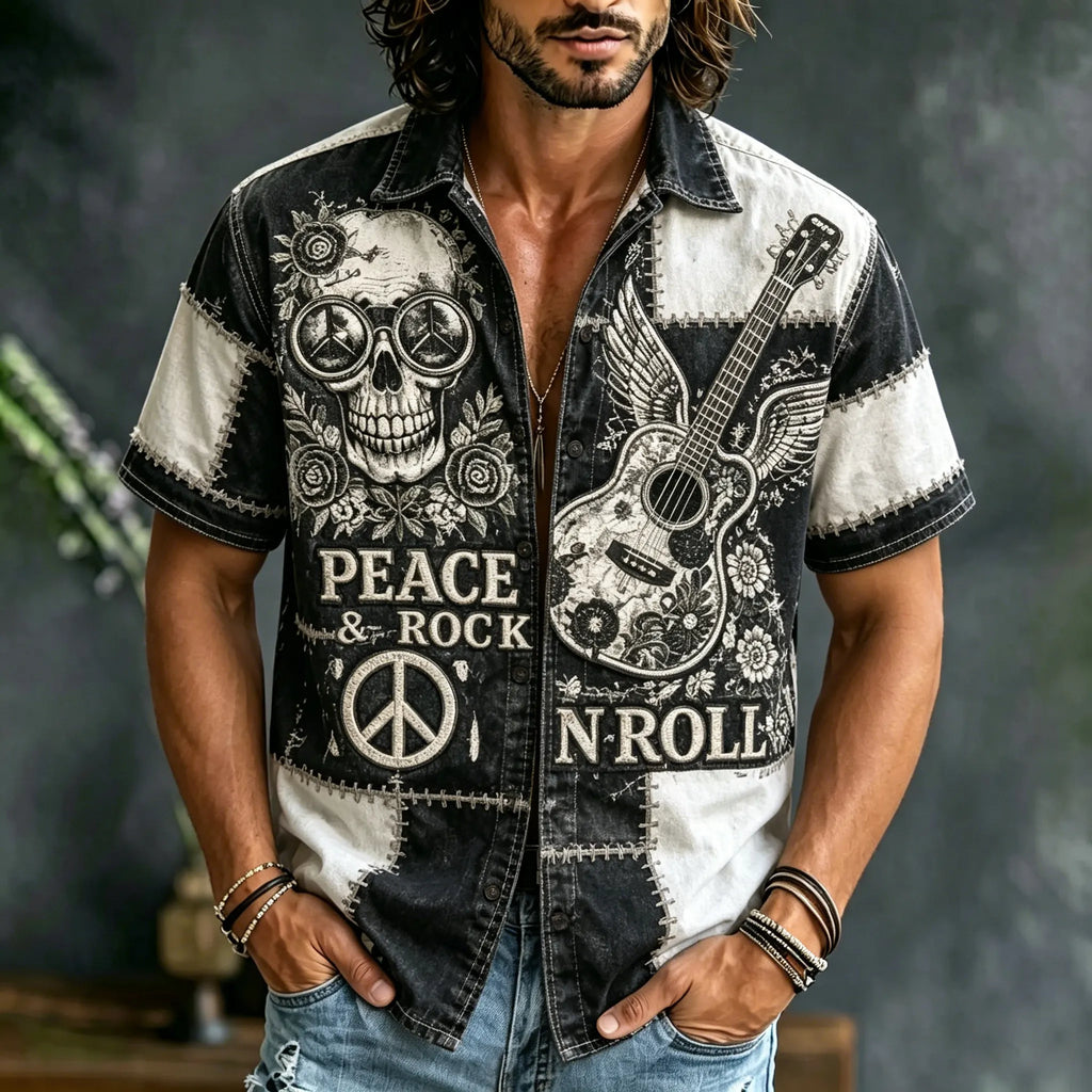 Men's Retro Skull Guitar Patchwork Short-sleeve Cotton Linen Shirt