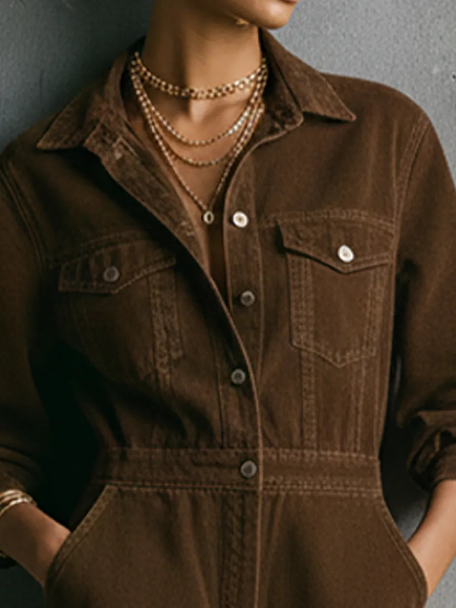 Women's Vintage Style Brown Washed Denim Metal Button Waist-Tailored Collared Long-Sleeve Short Jumpsuit MDZ2889D8GMJ