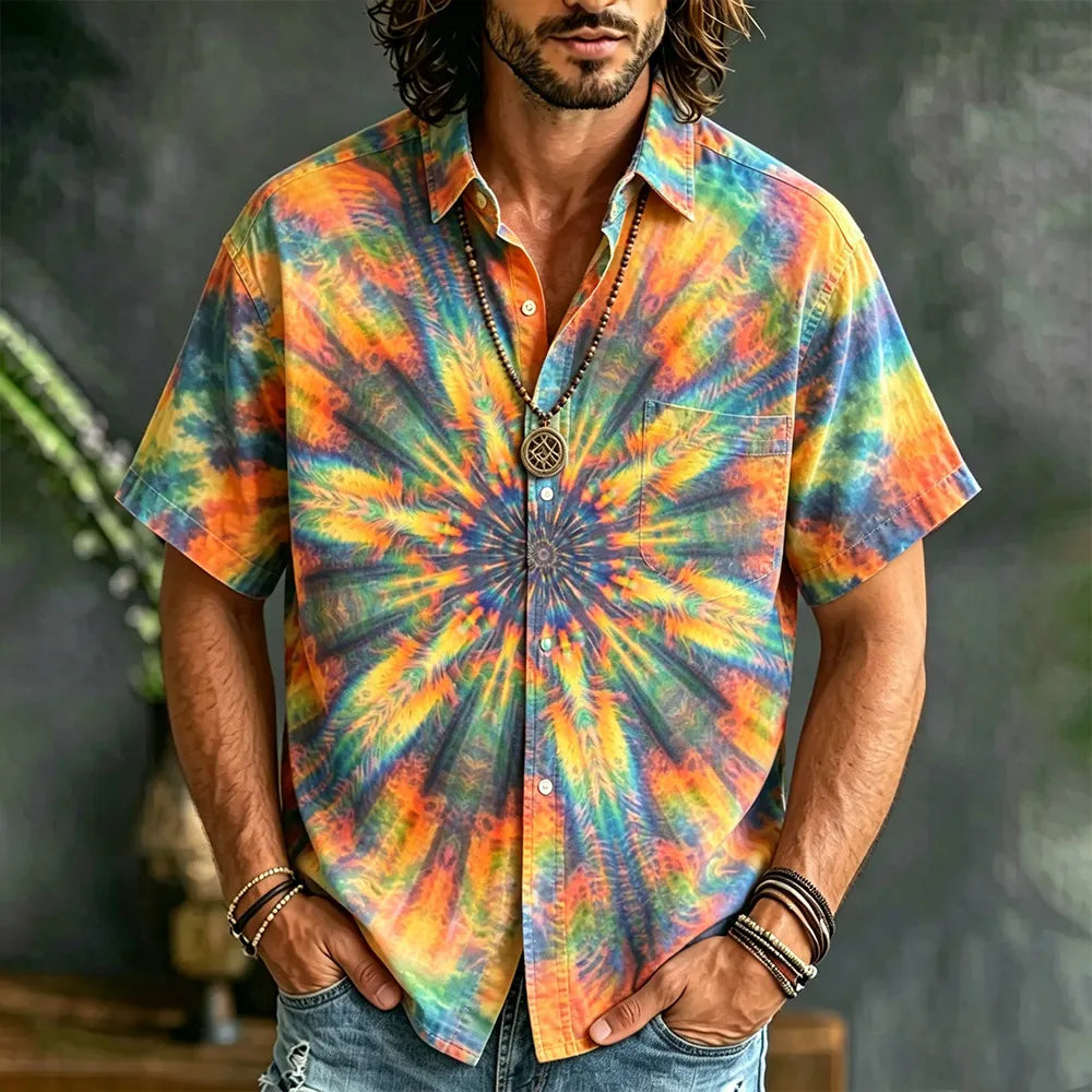 Hippie Bohemian Colorful Vacation Camp Collar Button Up Top