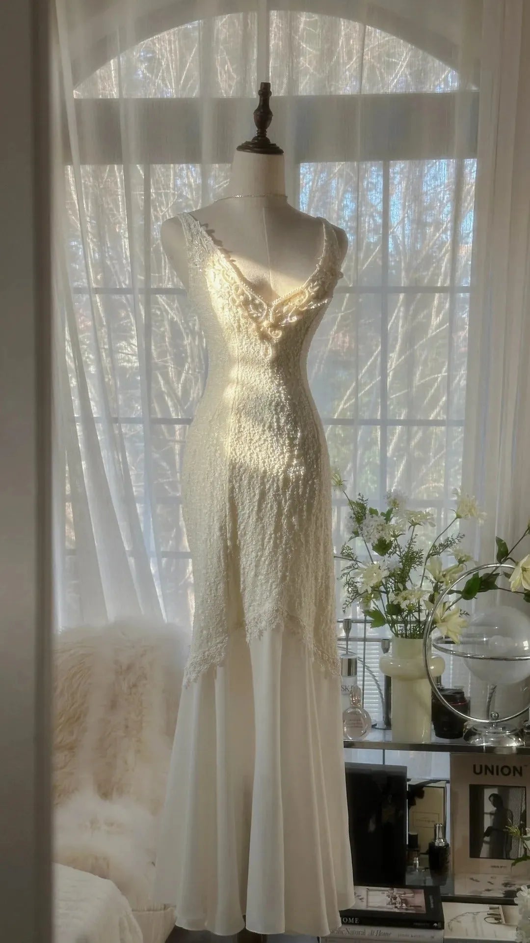 Ivory White Romantic Fashion Elegant Exquisite Lace Long Chiffon Ball Gown Evening Dress Birthday/Wedding Guest/Holiday Party Dress Prom Dress Valentine's Day Date Dress 4028