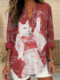 Vintage Kimono Dancing Cat Pattern Women's Linen V-neck Shirt