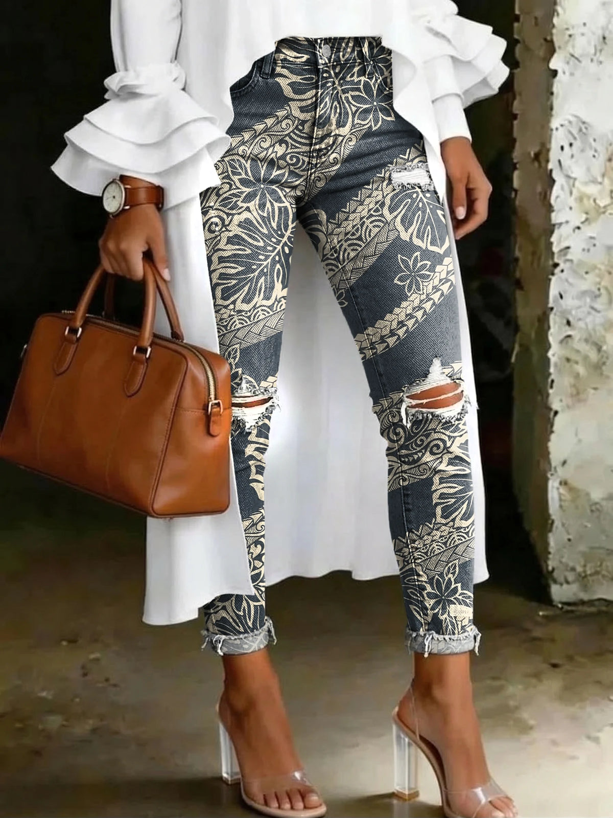 Women's Fashion Ethnic Floral Stripes Artistic Print Casual Skinny Ripped Jeans