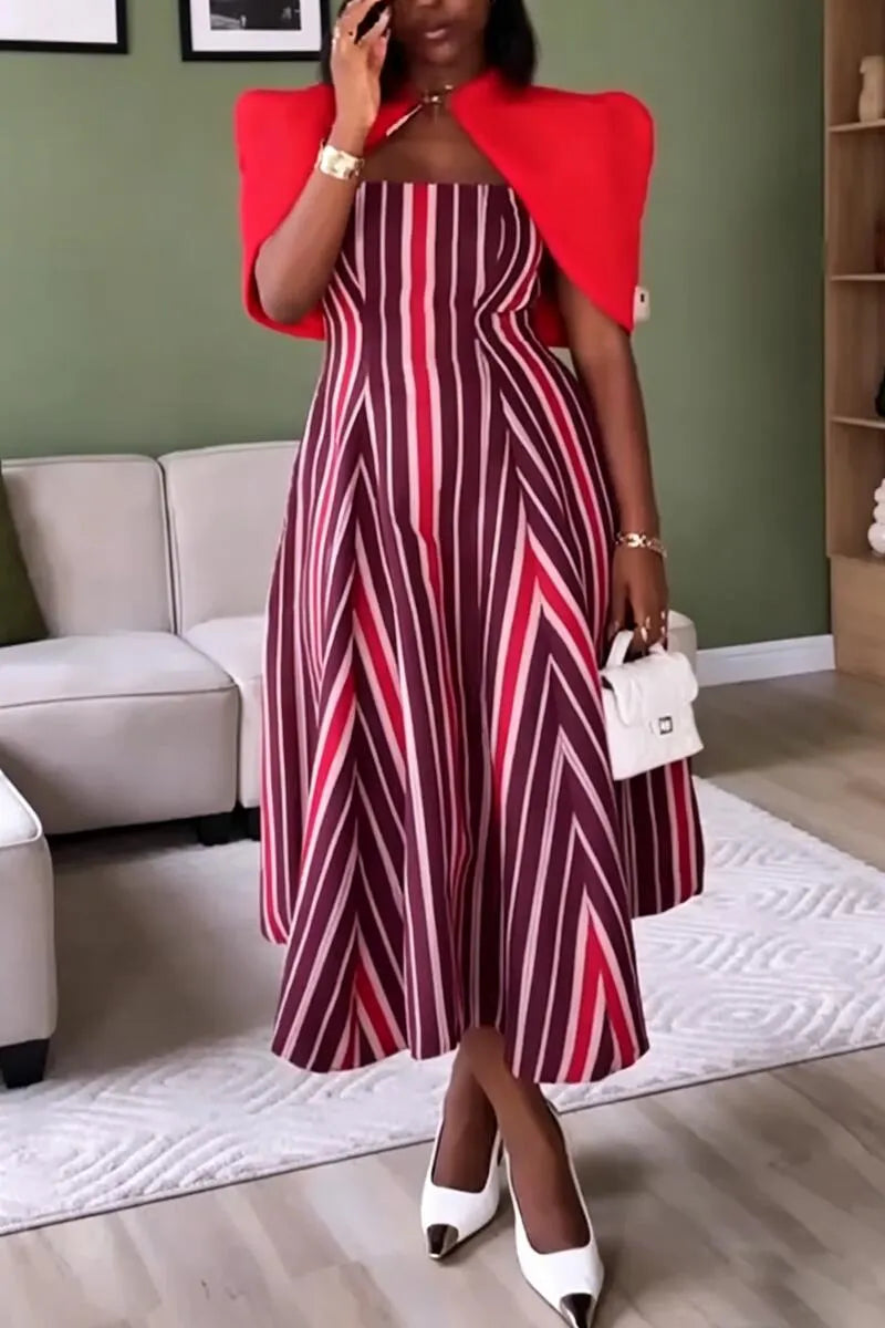 Women Suspender Vertical Stripe Waist Cinching Dress+ Shawl Elegant Temperament Set