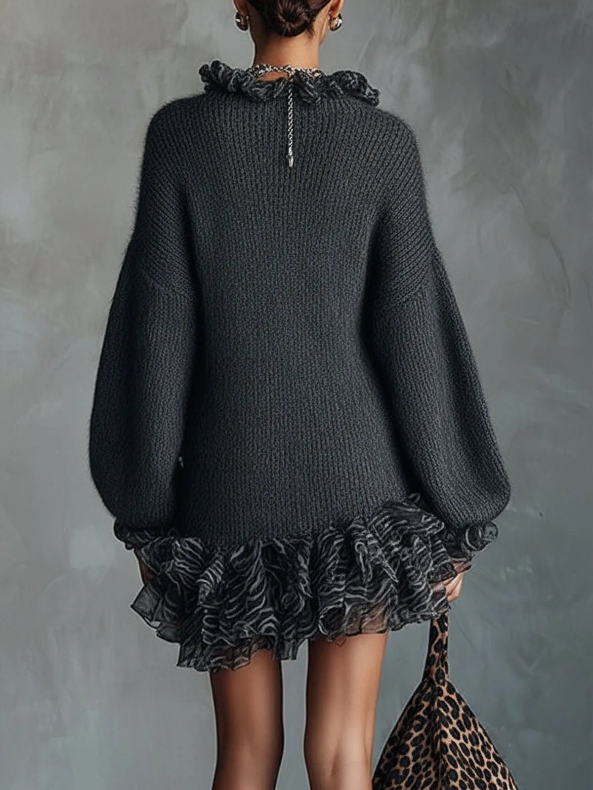 24-Hour-Shipping Gray Knit Mini Dress With Ruffled V-Neckline And Chiffon Hem