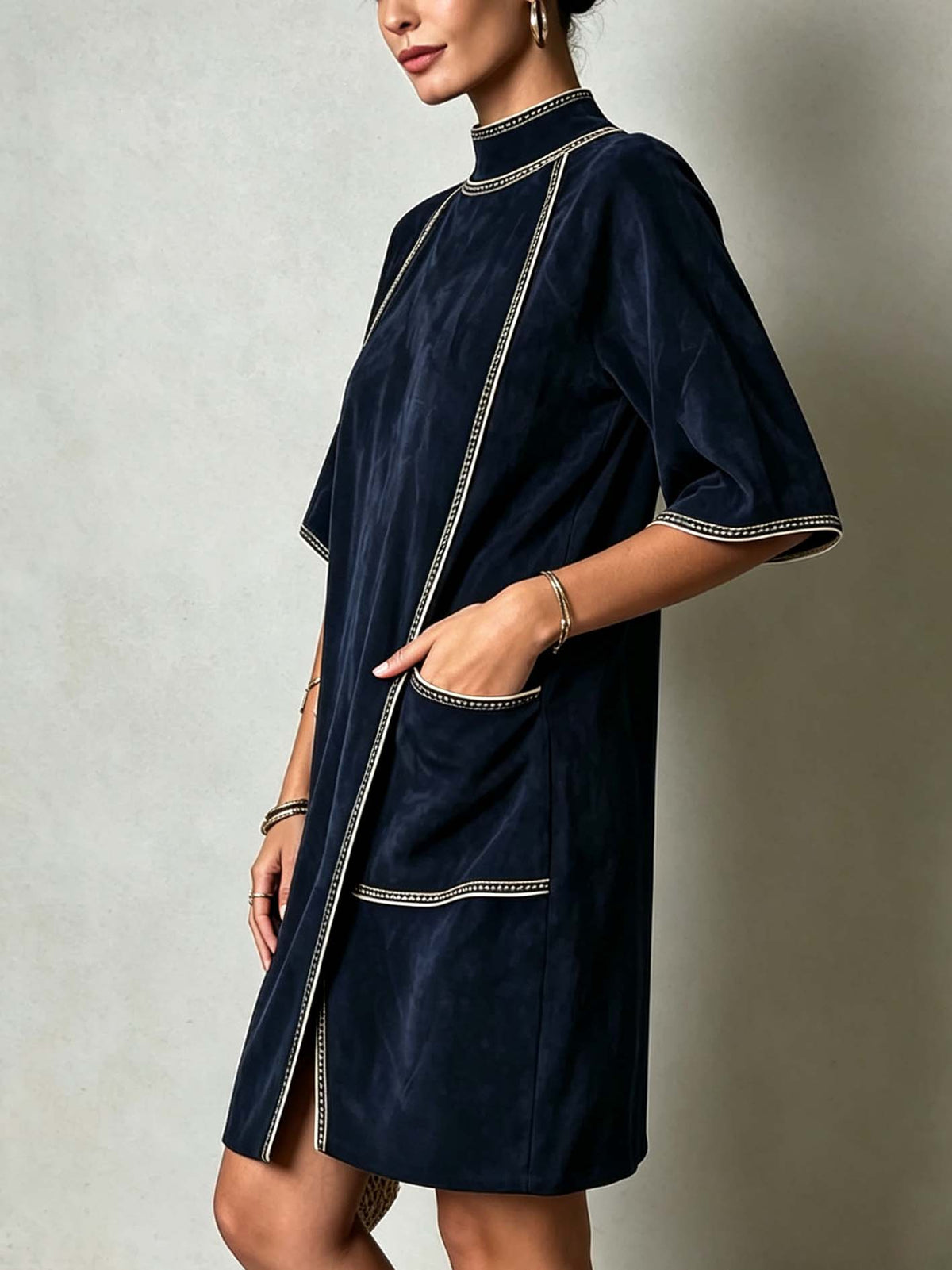 Navy Faux Suede Midi Dress With Vintage Trim Detail