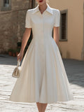 Pointed Collar Short-Sleeve Button-Down A-Line Midi Dress