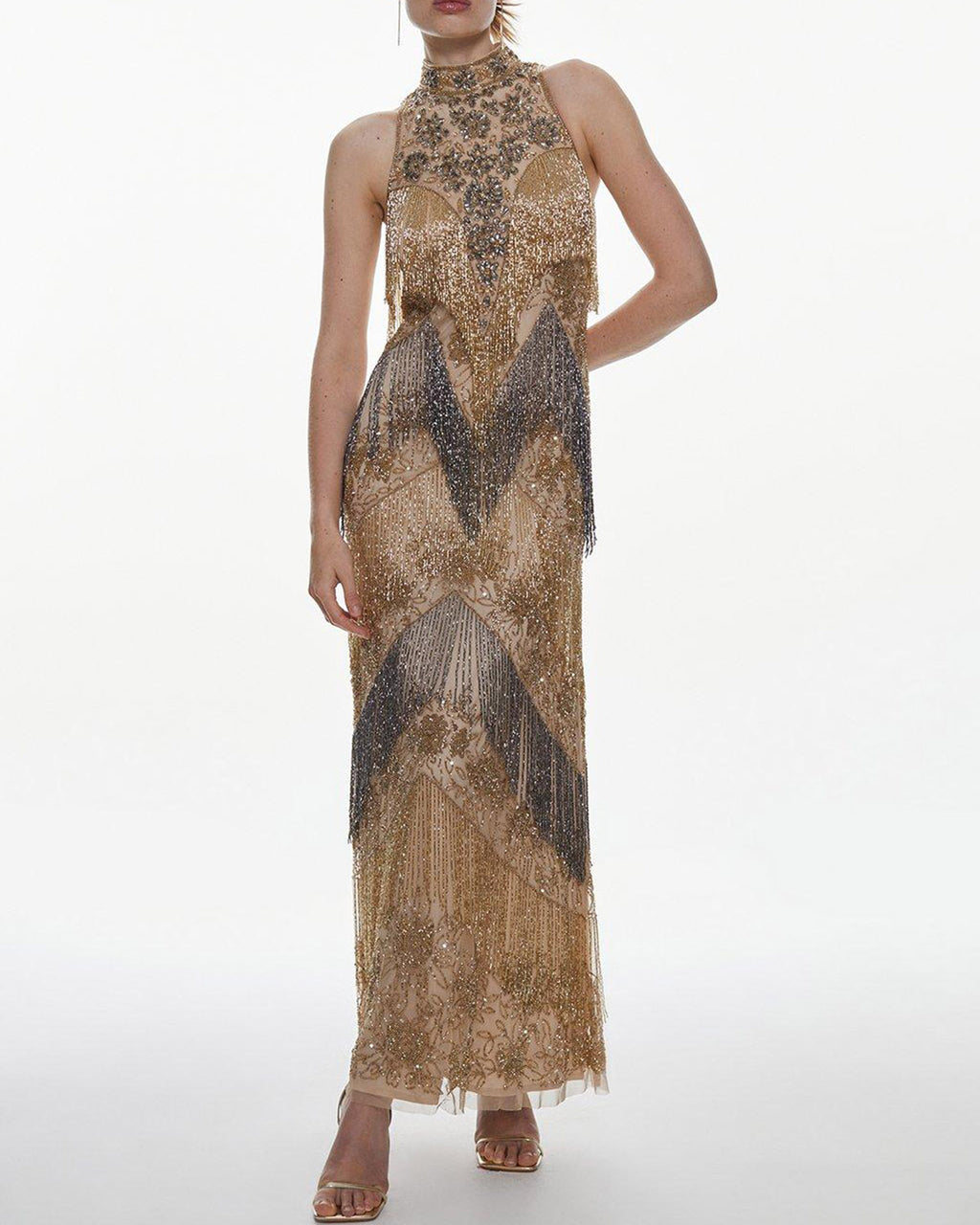 Nocturnal Rhythm: Embellished Fringed Halter Maxi Dress