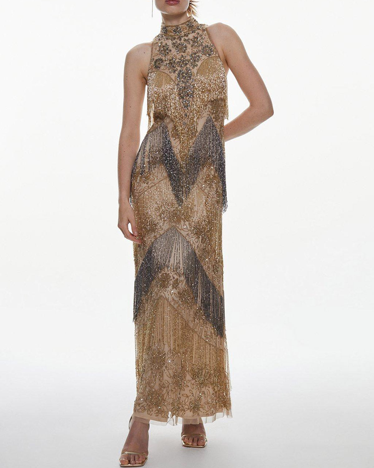Nocturnal Rhythm: Embellished Fringed Halter Maxi Dress
