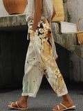 Vintage Ink Flower Print Casual Cotton Linen Pants