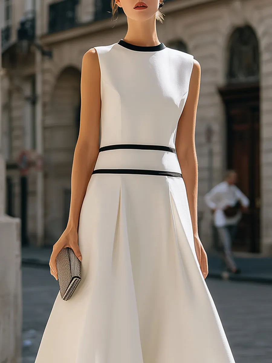 Structured Contrast Trim Sleeveless A-Line Maxi Dress