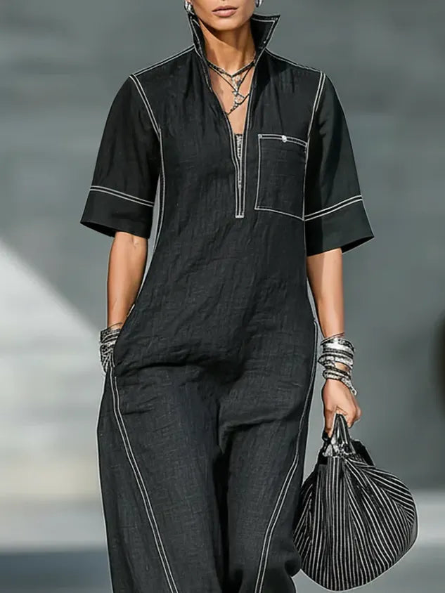 Casual Color Block Shirt Cotton And Linen Jumpsuit