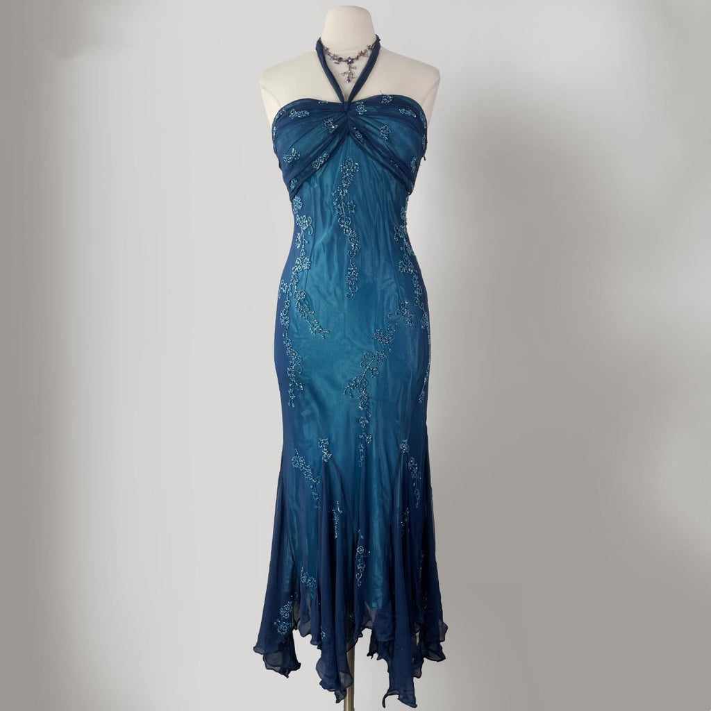 Dark Blue Fairy Mermaid Beaded Long Chiffon Formal Prom Evening Dress Wedding Guest Party Gown Dress Greek Halter Neck b