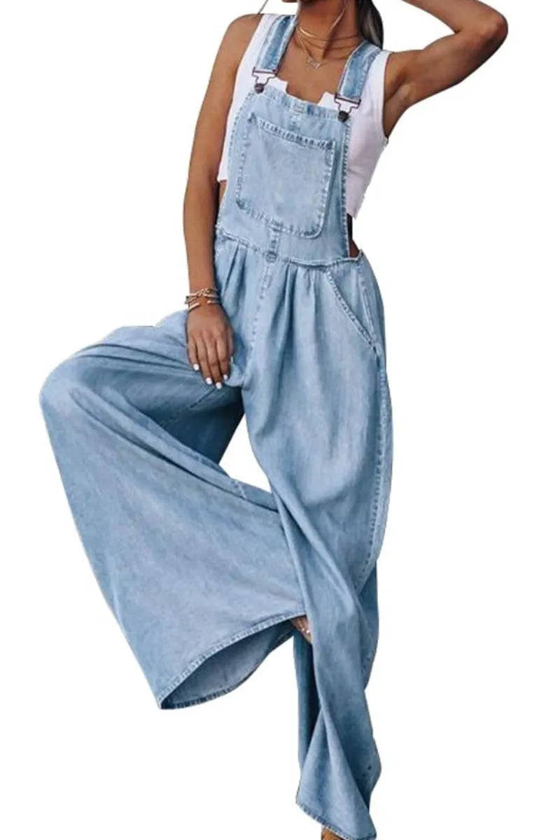 Women's Loose Adjustable Strap Wide Leg Denim Bib Overall Jeans Pants