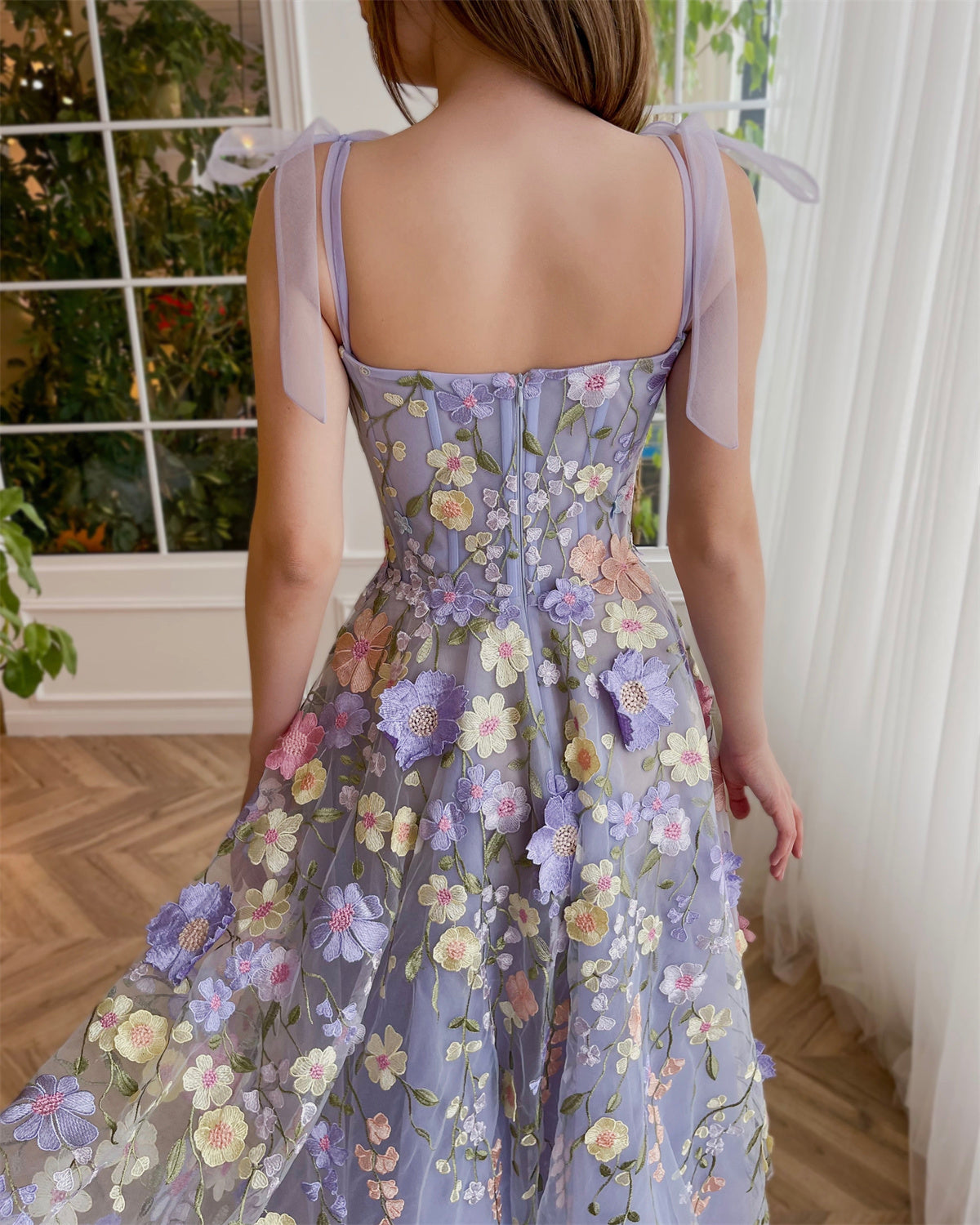 Women's Purple Sling Flower Embroidery Dress