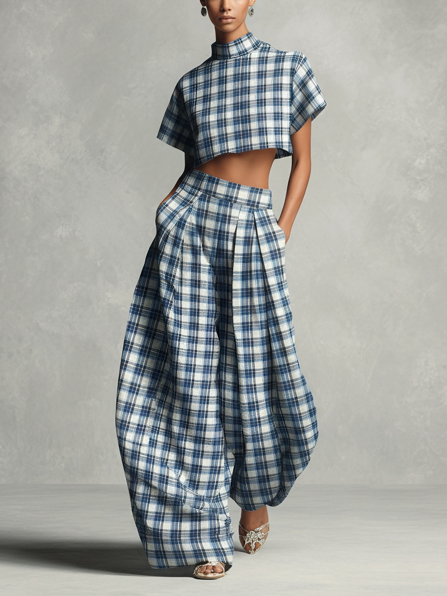 Women's Bold Cotton Blue & White Plaid Turtleneck Cropped Top & Lantern Wide-Leg Pants Set MDA2591L3AU