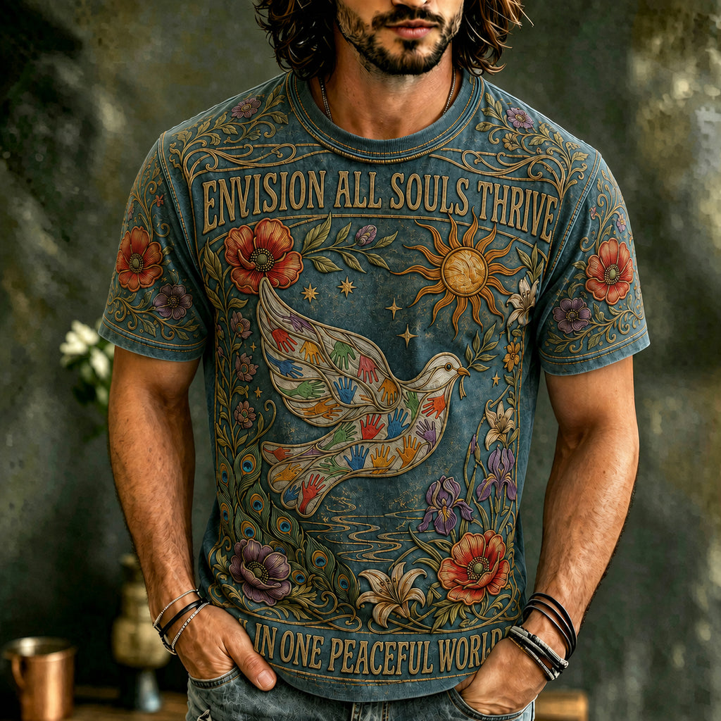 Men's Vintage Hippie Floral Dove Print Crew Neck Short Sleeve T-shirt