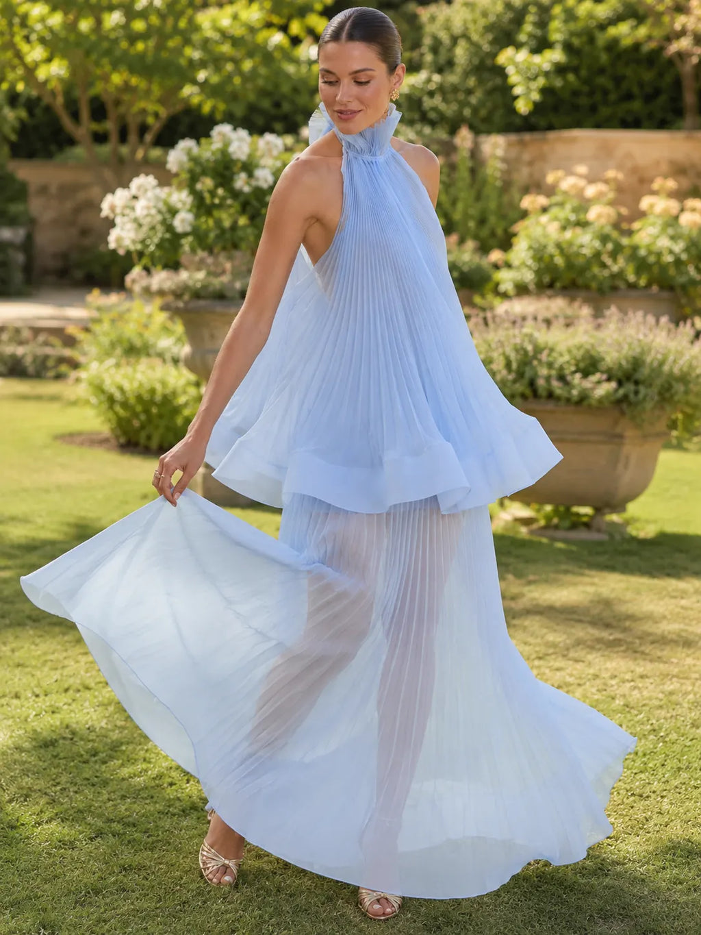 Sky Blue Pleated Halter Top & Flowing Maxi Skirt Two-Piece Set