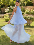 Sky Blue Pleated Halter Top & Flowing Maxi Skirt Two-Piece Set