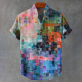 Oil Painting Style Lattice Vintage Art Print Casual Cotton Linen Shirt
