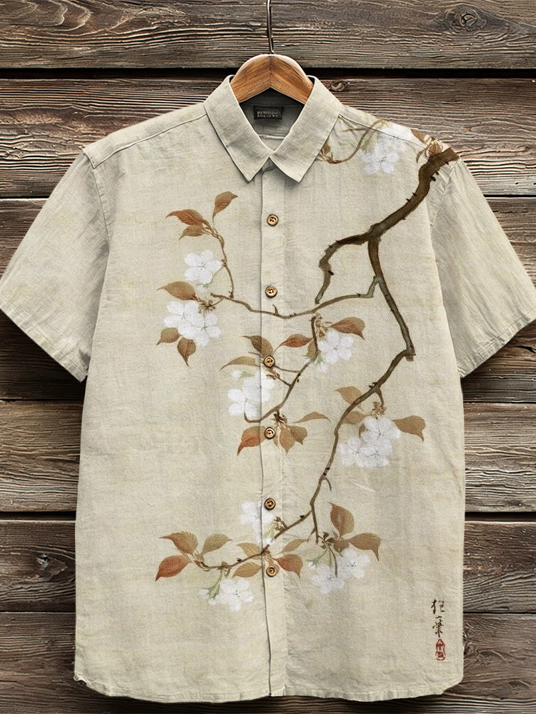 Retro Japanese Cherry Blossom Art Linen Shirt