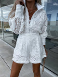 Casual Style Unique Single-Breasted Stand-Up Collar Lace Shorts Suit