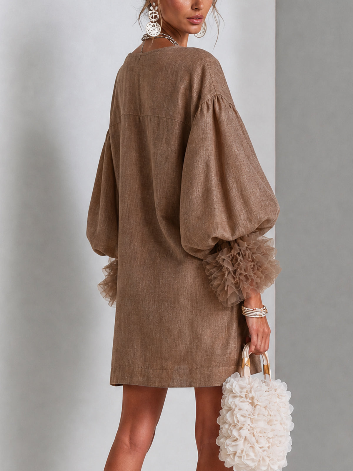 Brown Zip-Front Balloon Sleeve Mini Dress With Sheer Ruffle Cuffs
