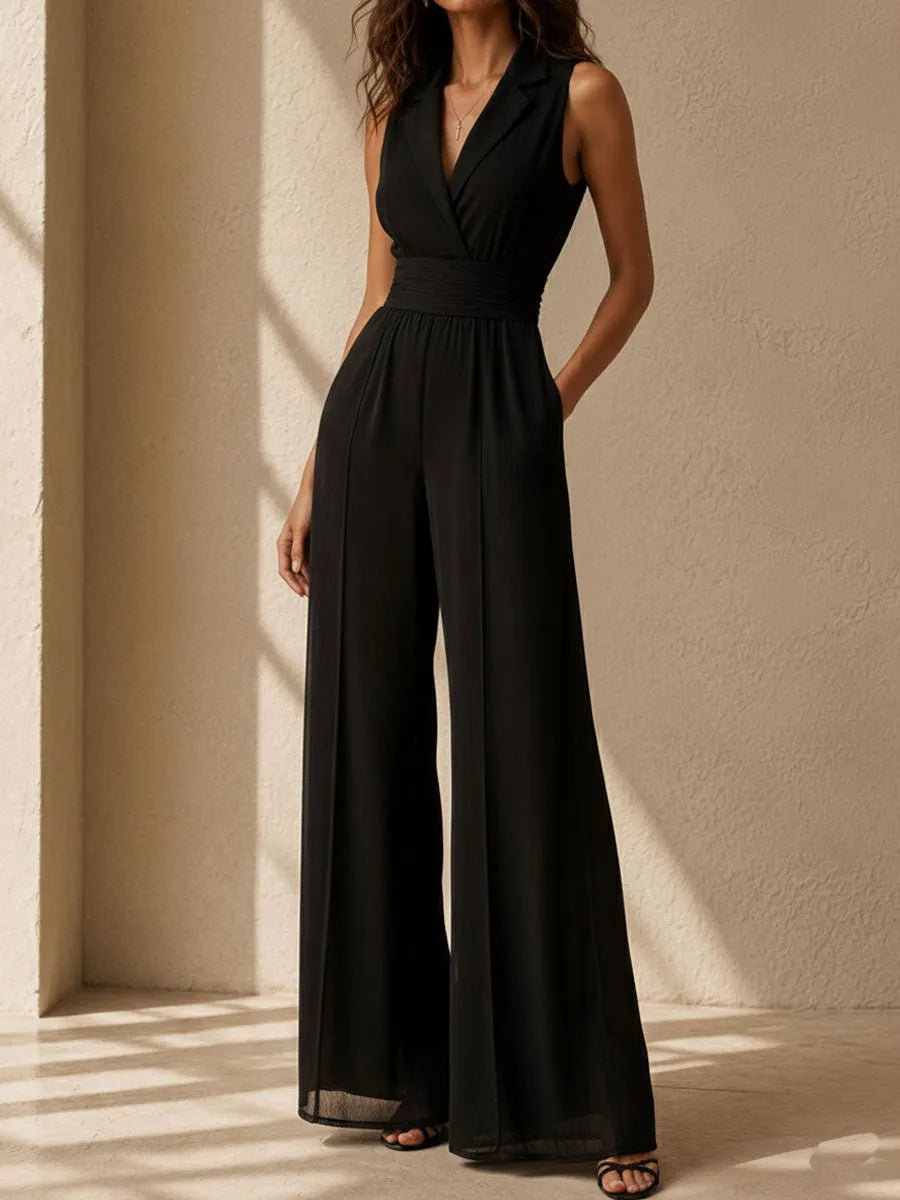 Quiet Luxury Lapel Collar Black Sleeveless Wide-Leg Jumpsuit