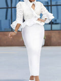 Elegant V-Neck Half Sleeve Empire Lace Falbala Wrap Plain Maxi Dress
