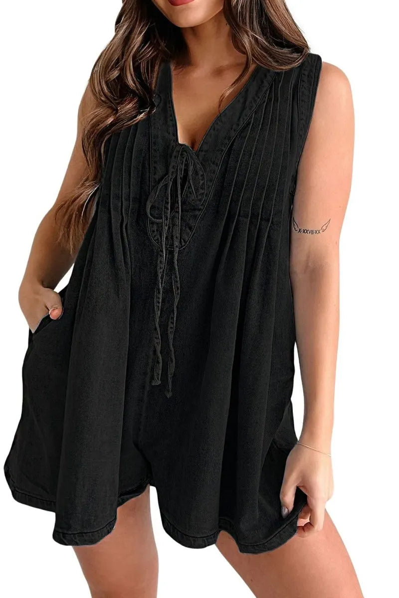 Womens Casual Sleeveless Tie Front Denim Romper Overall Shorts Summer Jean Romper With Pocket
