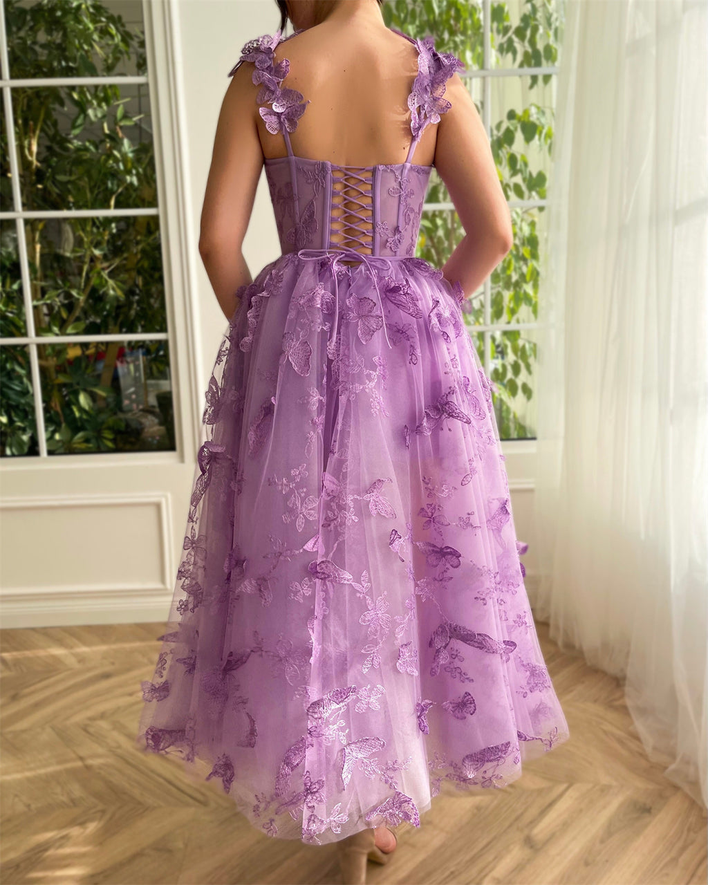Women's Purple Sling Flower Embroidery Dress - 01