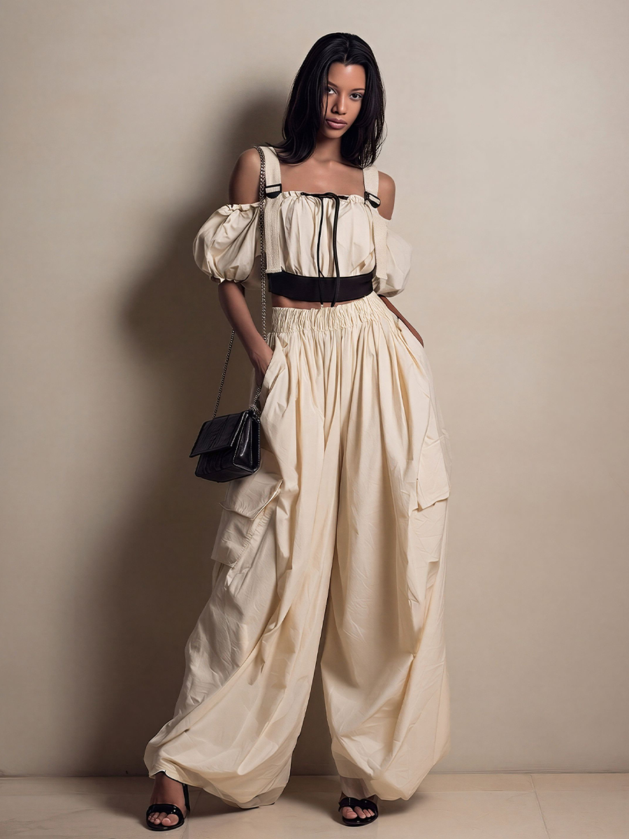 Women's Cream Cotton-Blend Wide-Leg Cargo Pants With Elastic Waist & Pockets, Timeless Utility-Chic Trousers MDZ2542D6LYL