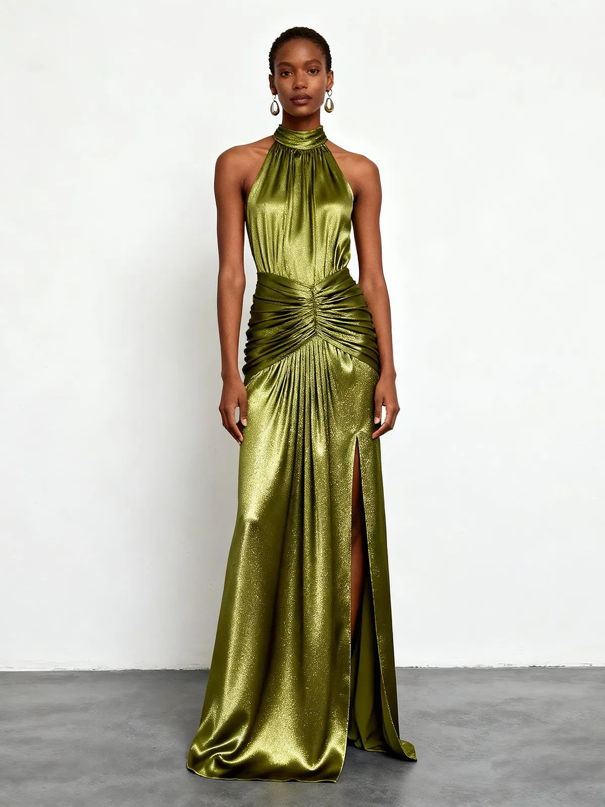 Green Ruched Side-Slit Satin Halter Sleeveless A-Line Gown Dress