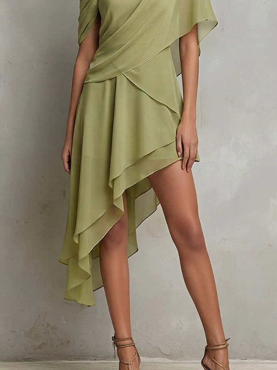 Women's Sage Green Sheer Chiffon Dress With Asymmetrical Neckline & High-Low Hem, Modern Effortless-Elegant Cocktail Dress MDZ2241D8LYL