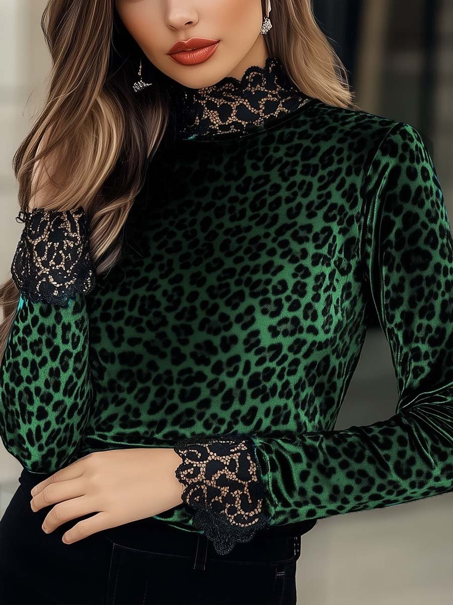 Women's Lace Panel Leopard Printed Velvet Top