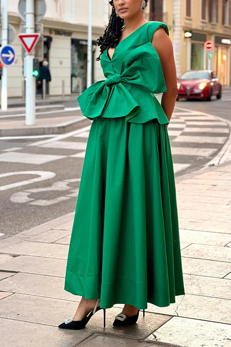 Women's Fashion V-Neck Bow Vset Skirt Set
