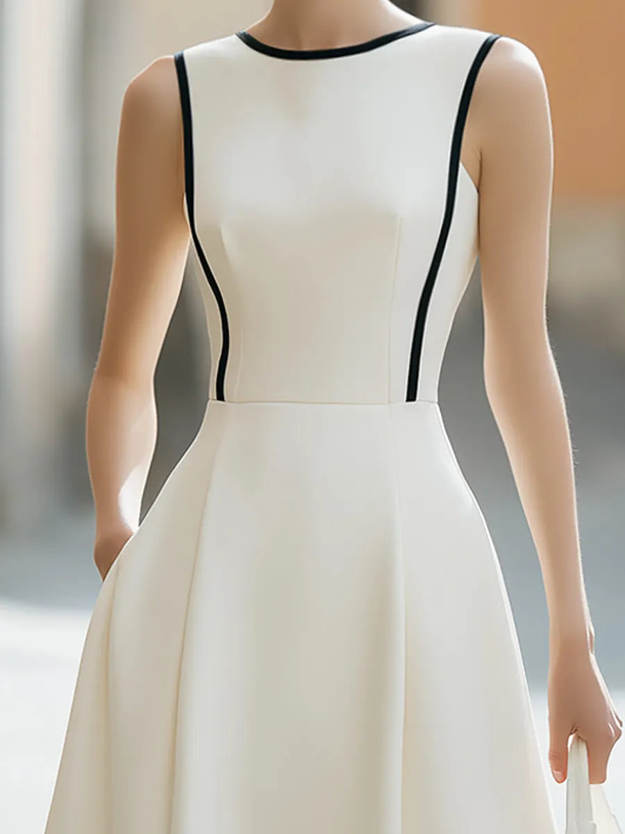 Contrast Piping Sleeveless Structured A-Line Midi Dress
