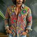 Men's Retro Floral Art Geometric Patchwork Print Linen Blend Long Sleeve Shirt