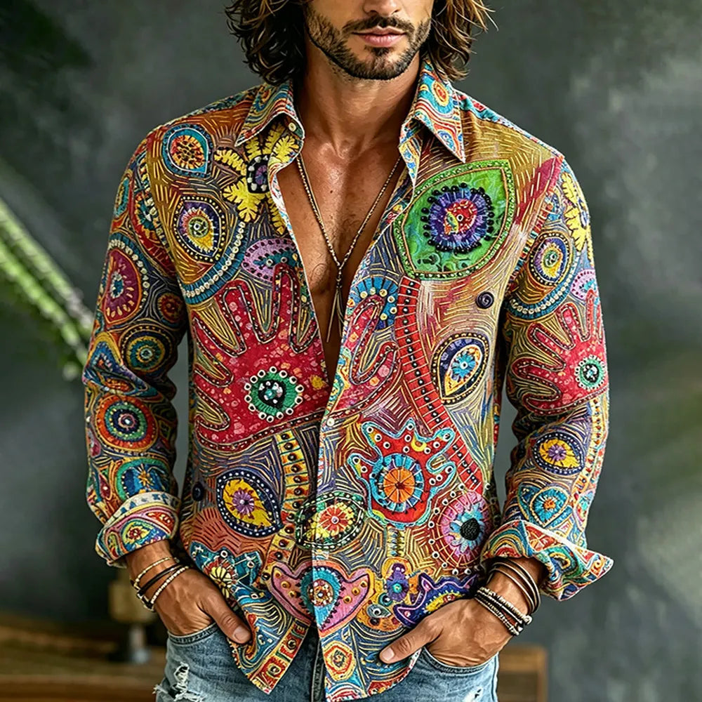 Men's Retro Floral Art Geometric Patchwork Print Linen Blend Long Sleeve Shirt