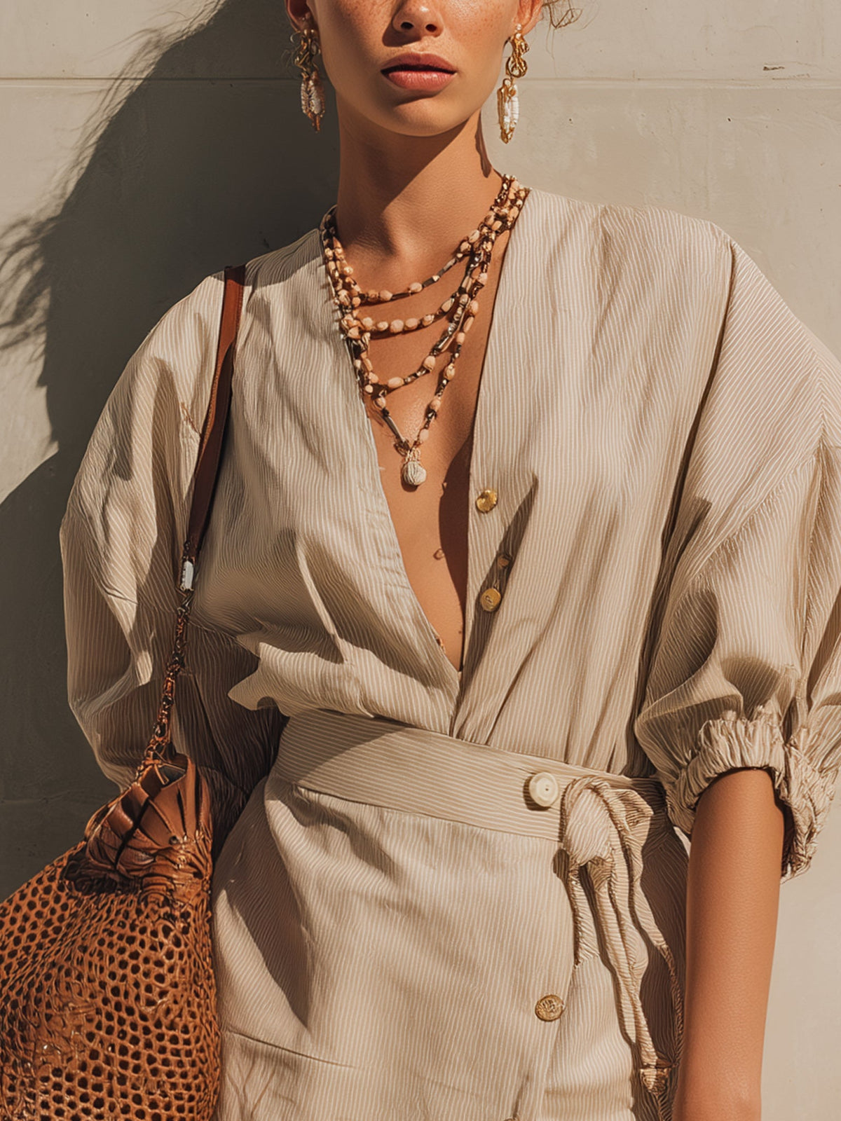 Beige Striped Tie Waist Mini Dress
